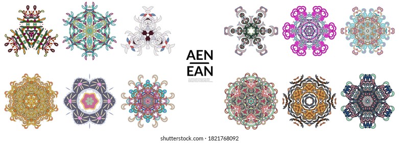 Set of floral symmetrical geometrical symbols. Vector flower mandala icon isolated on white. Oriental round colored pattern. Properly grouped for black outline and colored part of each mandala.