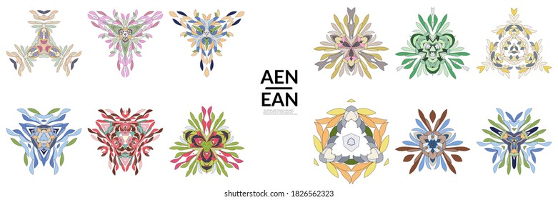 Set of floral symmetrical geometrical symbols. Vector flower mandala icon isolated on white. Oriental round colored pattern. Properly grouped for black outline and colored part of each mandala.