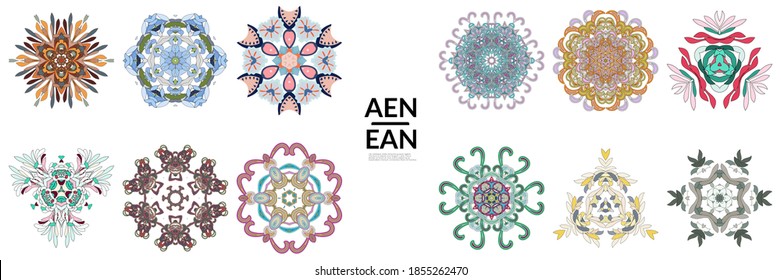 Set of floral symmetrical geometrical symbols. Vector flower mandala icon isolated on white. Oriental round colored pattern. Properly grouped for black outline and colored part of each mandala.