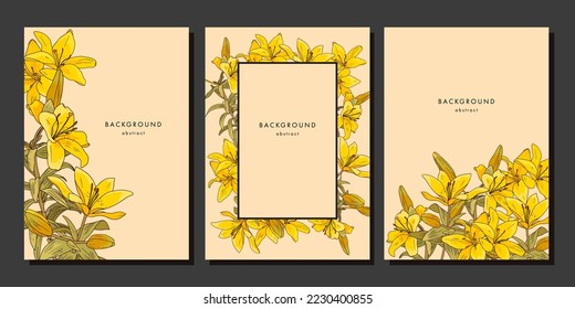 Set of floral template with yellow lilies on beige background. Vertical poster with vintage lily flower