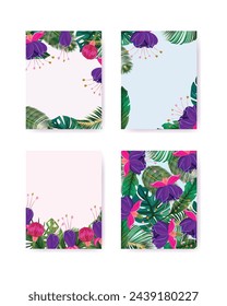 Set of floral templates featuring stunning fuchsia flowers and tropical leaves. Perfect for cards, advertisements, banners or backgrounds