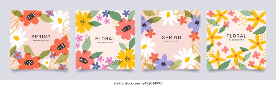 Conjunto de plantillas florales con flores de verano de primavera dibujadas a mano. Fondos modernos de moda de la flor, banderas, carteles, tarjetas para el Día de la Mujer, cumpleaños, Día de la Madre. Ilustración vectorial.