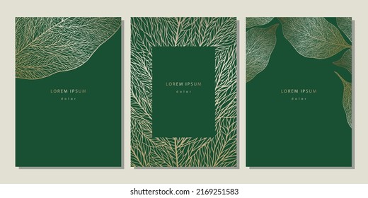 Set of floral templates with linear leaves texture. Luxury dark green backgrounds with golden leaf veins