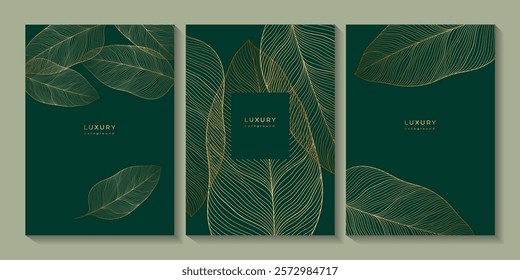 Set of floral templates with linear leaves texture. Luxury dark green backgrounds with golden leaf veins. Botanical posters