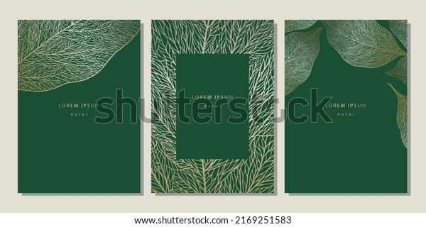 Set of floral\
templates with linear leaves texture. Luxury dark green backgrounds\
with golden leaf veins