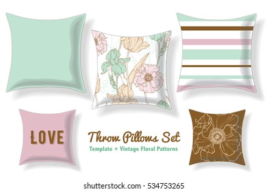 Set Of Floral Throw Pillows In Matching Unique Pastel Seamless Patterns And Designs. Square Shape. Editable Vector Template.