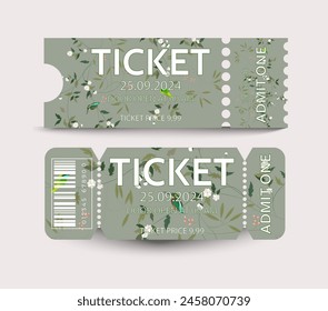 Set a FLORAL ticket template. Concert ticket, lottery coupons. Vector coupon - vector illustration. White and black backgrounds.