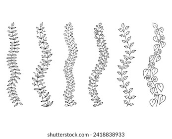 Set of floral tree branch, leaf, plants. Decorative Elements for Decoration. Hand drawning doodles of vector vintage botanical elements.  Line art. Botanic outline pencil sketch draw