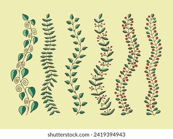 Set of floral tree branch, leaf, plants. Decorative Elements for Decoration. Hand drawing doodles of vector vintage botanical elements.  Line art. Botanic outline pencil sketch draw