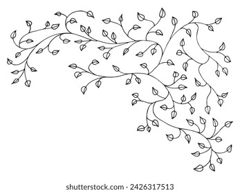 Set of floral tree branch, leaf, plants. Decorative Elements for Decoration. Hand drawing doodles of vector vintage botanical elements.  Line art. Botanic outline pencil sketch draw