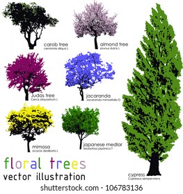 Set of floral trees silhouettes. Vector illustration