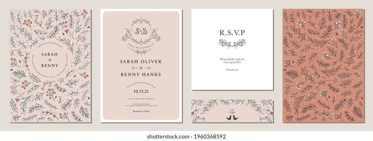 Set of floral universal artistic templates. Good for wedding, birthday, bridal and baby shower, corporate Holiday cards and invitations. Vector illustration.