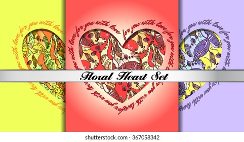 Set of floral Valentines card templates. Decorative hearts with floral ornament and text for you with love. Love cards. Valentines day love background. Heart shaped greeting cards, colorful background