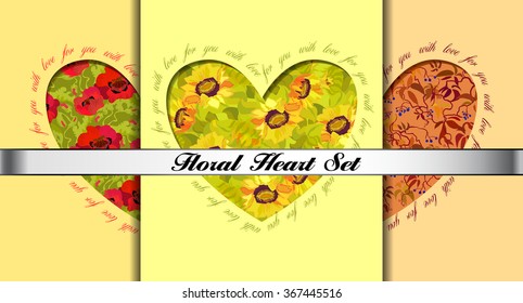 Set of floral Valentines card templates. Decorative hearts with flowers and text for you with love. Love cards. Valentines day love background. Heart shaped flowers greeting cards, colorful background