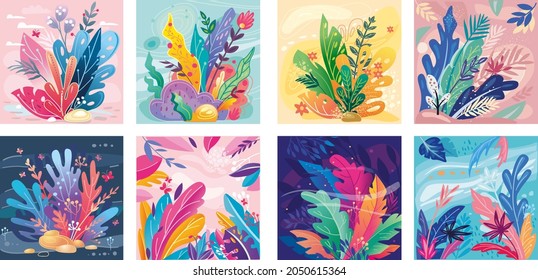 Set with floral vector abstract illustrations Modern trendy style Perfect for your own design – wedding invitations, covers, cards, posters, advertising banners, Plant Art wallpaper  All elements are 