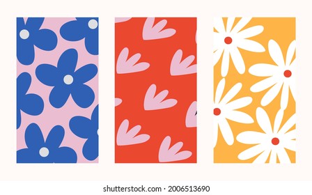 Set of floral vector backgrounds in bright shades. Flowers, daisies. Perfect for highlights, stories, cards, social media. Floral illustration.