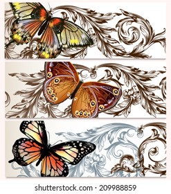 Set of floral vector backgrounds with butterflies for your design