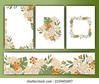 Set of floral vector backgrounds and frames, vintage trendy style. Vector templates of cards and wreaths, borders for design , wedding invitations, banners, posters and packages 