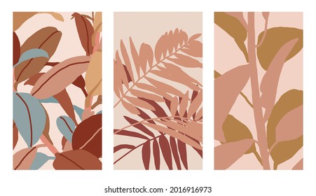 Set of floral vector backgrounds in natural shades. Flowers, leaves, nature. Perfect for highlights, stories, cards, social media. Floral illustration.