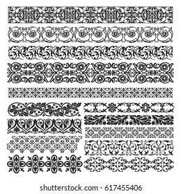 Set of floral vector borders, isolated on white background.