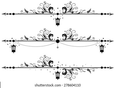 set of floral vector borders with old street lamp and butterflies