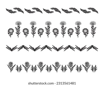 Set of floral vector borders in scandi clip art. Organic folk art banner group in decorative linoleum print vintage style. 