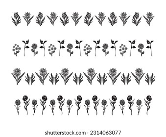 Conjunto de bordes vectoriales florales en el dibujo gráfico de scandi. Grupo de banners de arte folclórico orgánico en estilo vintage de la impresión linóleo decorativa. 