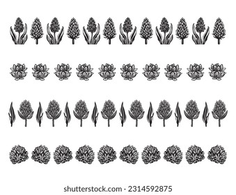 Set of floral vector borders in scandi clip art. Organic folk art banner group in decorative linoleum print vintage style. 