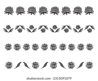 Set of floral vector borders in scandi clip art. Organic folk art banner group in decorative linoleum print vintage style. 