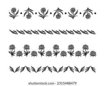 Set of floral vector borders in scandi clip art. Organic folk art banner group in decorative linoleum print vintage style. 