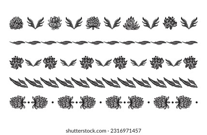 Set of floral vector borders in scandi clip art. Organic folk art banner group in decorative linoleum print vintage style. 