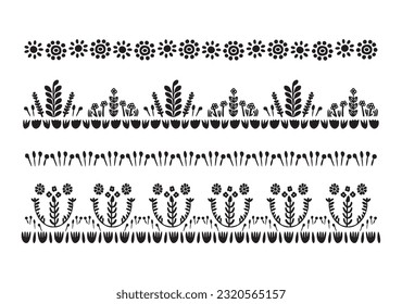 Set of floral vector borders in scandi clip art. Organic folk art banner group in decorative linoleum print vintage style. 
