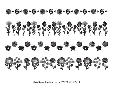 Set of floral vector borders in scandi clip art. Organic folk art banner group in decorative linoleum print vintage style. 