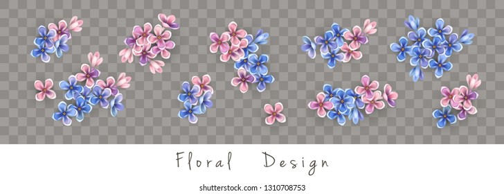 Set of floral vector bouquets. Design of different small flowers isolated on transparent background