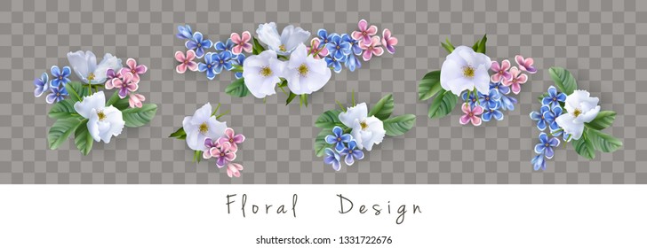 Set of floral vector bouquets. Design of different beautiful flowers isolated on transparent background
