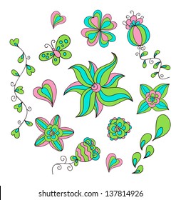 Set of floral vector doodles. Bright summer colors.