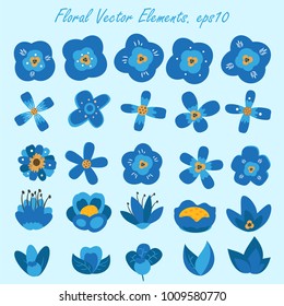 set of floral vector elements with blue smooth color