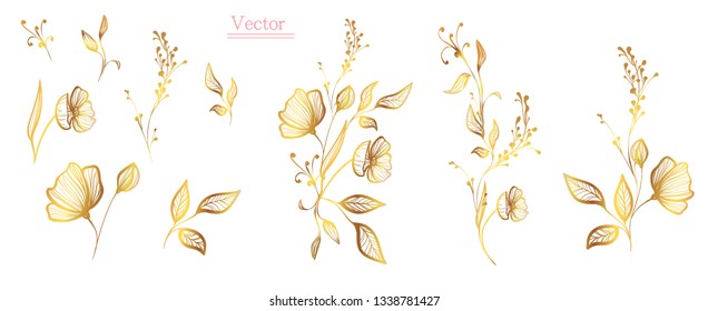 Set floral vector elements. Gold graphic flowers for design