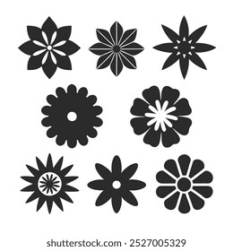 Set of floral vector icons in solid black silhouette style with geometric shapes and clean edges.
Geometric floral silhouette icons with bold petals, ideal for decorative elements and pattern designs.