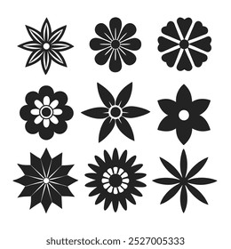 Set of floral vector icons in solid black silhouette style with geometric shapes and clean edges.
Geometric floral silhouette icons with bold petals, ideal for decorative elements and pattern designs.