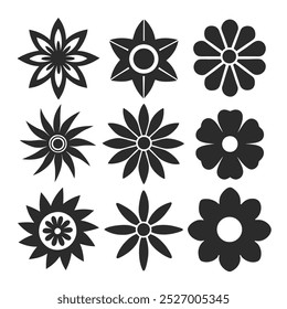 Set of floral vector icons in solid black silhouette style with geometric shapes and clean edges.
Geometric floral silhouette icons with bold petals, ideal for decorative elements and pattern designs.