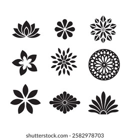 Set of floral vector icons in solid black silhouette style with geometric shapes and clean edges