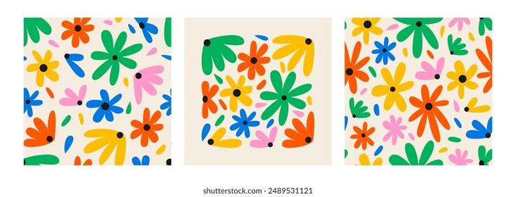 Set of floral vector illustration and seamless patterns. Abstract backgrounds with flowers in retro groovy style