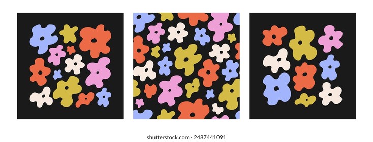 Set of floral vector illustrations and seamless pattern. Abstract backgrounds with flowers in retro groovy style