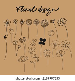 Un conjunto de diseño de líneas vectoriales florales vol1