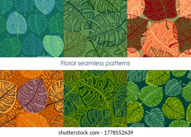 Set of floral vector patterns. Seamless patterns with tropical palm leaves, monstera leaves. Collection patterns for print, fabric, textile, wrapping, paper.