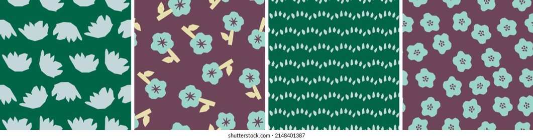 Set of floral vector seamless patterns. Bright abstract background. Modern colorful illustration for printing, decor, textile, branding design