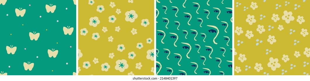Set of floral vector seamless patterns. Bright abstract background. Modern colorful illustration for printing, decor, textile, branding design