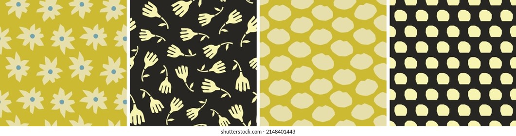 Set of floral vector seamless patterns. Bright abstract background. Modern colorful illustration for printing, decor, textile, branding design