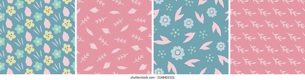 Set of floral vector seamless patterns. Bright abstract background. Modern colorful illustration for printing, decor, textile, branding design